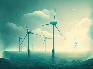 Windmills In The Water. Renewable Energy Concept. Generative AI