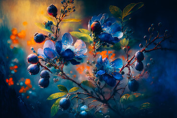 Fototapeta na wymiar Vibrant blueberry blossoms in full bloom, captured in stunning oil on canvas cinematic atmosphere. Generative AI