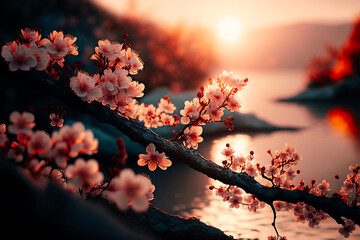 The soft pink petals of cherry blossoms contrast against the warm sunset. Generative AI