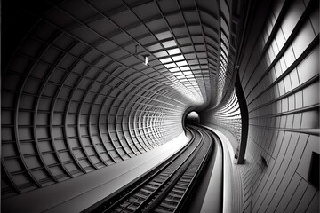 Obraz premium Futuristic empty subway tunnel. Dystopian monochrome art. Generative AI