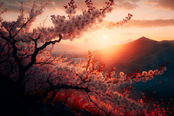 The delicate beauty of cherry blossoms highlighted against a vibrant sunrise. Generative AI