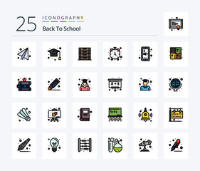 Back To School 25 Line Filled icon pack including education. timepiece. document. timekeeper. alarm