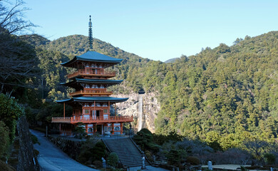 Kumano Nachi Taisha Shrine near Kii-Katsuura, Japan, with Nachi falls in the background