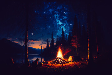 A painting of a summer night, with a campfire burning brightly and the stars shining overhead in the clear sky. Generative AI