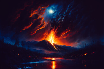 An oil on canvas painting of a raging wildfire at night, with the flames leaping high into the dark sky. Generative AI