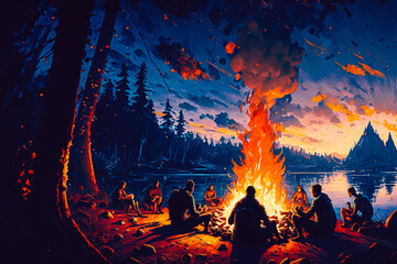 A painting of a summer adventure, with a campfire burning in the background, people sitting around it and enjoying the nature. Generative AI