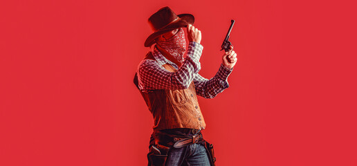 American cowboy. Cowboy wearing hat. American bandit in mask, western man with hat. Man wearing...