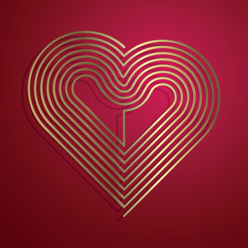 Gold spiral line heart on a red background. Love design element for valentines day