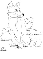 Lineart of a cartoon fox sitting on the grass - obrazy, fototapety, plakaty