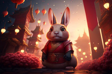 Cute Rabbit Celebrating Chinese Lunar New Year Generative AI
