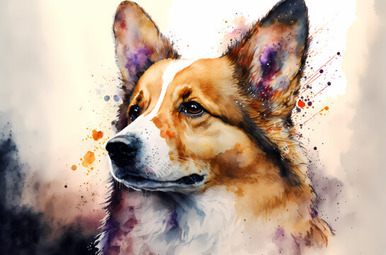 fantasy watercolor painting portrait Pembroke Welsh Corgi or dog with a colorful, generative ai