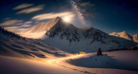 Starry sky with Magical Milky Way above mountains at night in winter. Gorgeous Mountain winter Landscape with valley and clouds 	