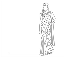 Fototapeta na wymiar Continuous one line drawing of Indian woman with traditional dress. Vector woman with cultural theme of India country.