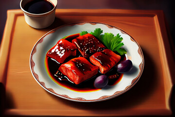 Chinese Char Siu Food in the plate on the table