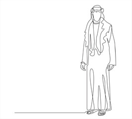 Single continuous line drawing of young Arabian man pose standing.  Minimalism concept dynamic one line draw graphic design vector illustration
