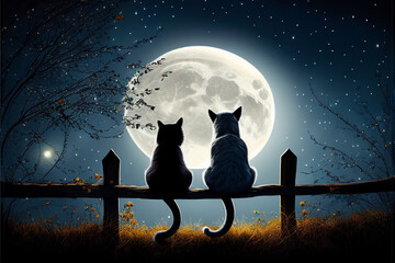 A cute couple of cats sits on a fence against the background of the night sky and the moon. AI generated.