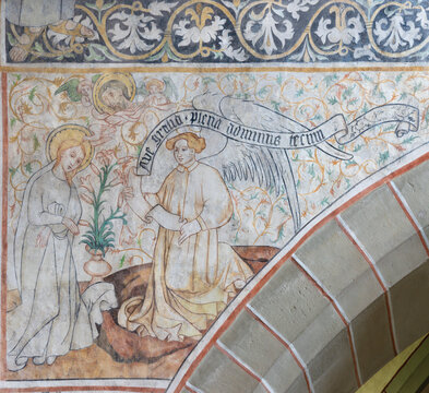 LUZERN, SWITZERLAND - JUNY 24, 2022: The medieval fresco of Annunciation in the church Franziskanerkirche (1430).