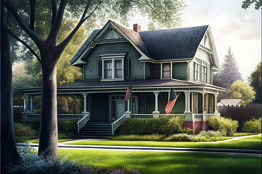 Typical American home with manicured lawn. AI generated.