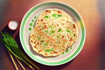 Chinese Scallion Pancakes Food in the plate on the table