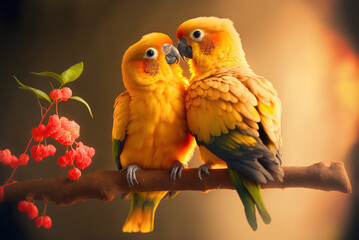 Valentine's Day Blissful Union - The Beauty of Two Yellow Parrots Kissing Amidst the Cherry Blossoms.
