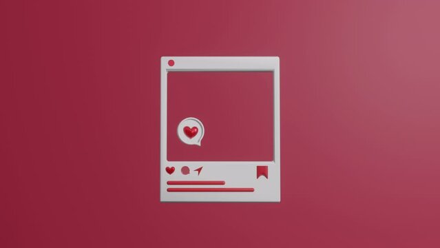 Social media heart icon animation. Love, success, Like hearts floating up, live video chat template. Post button love heart emoji icon, social network concept. Valentine's day concept, 3d animation