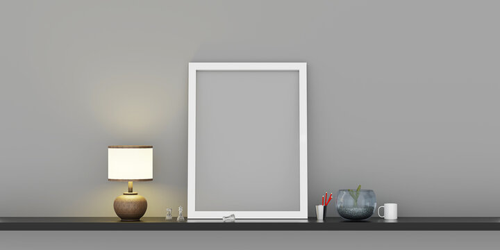 empty frame inside building Picture frame mockup in room and shelves with plants and decorations 3D illustration