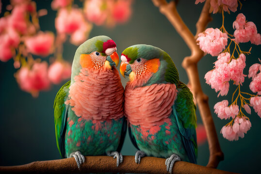 Pink-breasted Lovebirds - A Photographic Celebration of Two Parrots Kissing in Cherry Blossom Paradise on Valentine's Day.