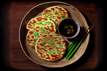 Special Chinese Scallion Pancakes Food in the plate on the table