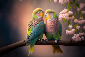Valentine's Day Romance - The Beauty of Two Pink-breasted Parrots Kissing Amidst the Cherry Blossoms.