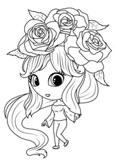 Girl with flowers in her hair. Princess Red Rose. Coloring book for children. Vector illustration 