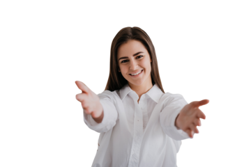 Give me warm hug. Studio shot of friendly cute brunette female student pulling hands towards camera, tilting head and smiling from happiness, wanting cuddle with boyfriend over transparent background