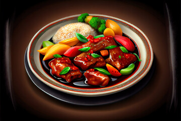 Chinese Sweet and Sour Pork in the plate on the table