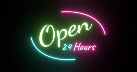 Neon Open 24 Hours Sign. Colorful Neon Open 24 Hours Sign. 