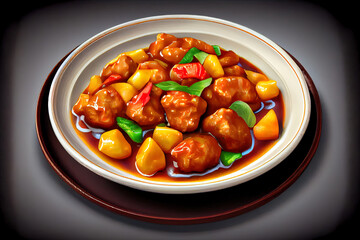 Chinese Sweet and Sour Pork in the plate on the table