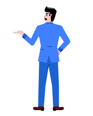 Back view. Businessman in blue suit standing, showing way isolated over white background. Concept of business, career, innovations