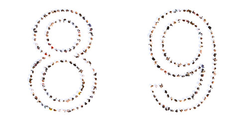 Concept or conceptual large community of people forming the fonts 8 and 9.  3d illustration metaphor for unity and diversity, humanitarian, teamwork, cooperation, education, friendship and community