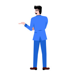 Back view. Businessman in blue suit standing, showing way isolated over white background. Arguments. Concept of business, career, innovations