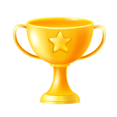 3D golden trophy icon, vector winner trofeo, game UI victory cup, first place celebrate goblet. Contest congratulation cartoon award, business achievement reward. 3D trophy sport tournament champion