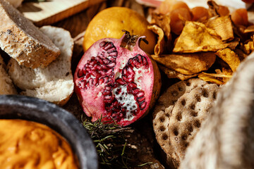 Fruta Granada en brunch con panes.