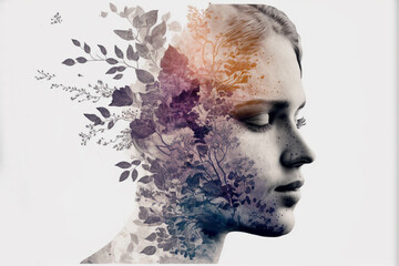 Woman's head and flowers, double exposure generative Ai. 