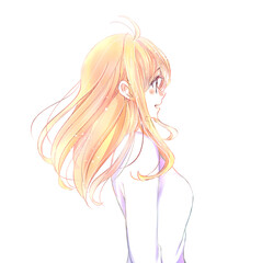 柔らかい雰囲気の女性　横側　髪がなびく　風