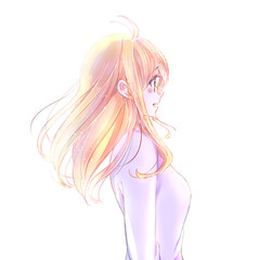 柔らかい雰囲気の女性　横側　髪がなびく　風　逆光