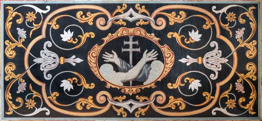 Tuinposter LUZERN, SWITZERLAND - JUNY 24, 2022: The stone baroque mosaic (pietra dura) of a cross, Christ's arm and Saint Francis's arm, a symbol of the Franciscans in church Franziskanerkirche. © Renáta Sedmáková