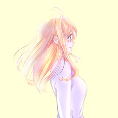 柔らかい雰囲気の女性　横側　髪がなびく　風　逆光