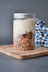  putting yogurt in granola Musli in a bowl, 