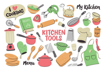 Kitchen tools and appliances. Cute illustration with isolated cooking objects in vector format. Kitchen utensils collection. - obrazy, fototapety, plakaty