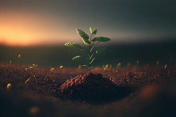 little plant growing up lonely in the soil in the middle of the field