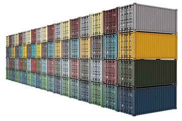 Warehouse sea containers. Lots closed shipping containers isolated on white. 20 foot shipping containers. Tare for freight transportation. Freight tare for storage and transportation. 3d rendering.