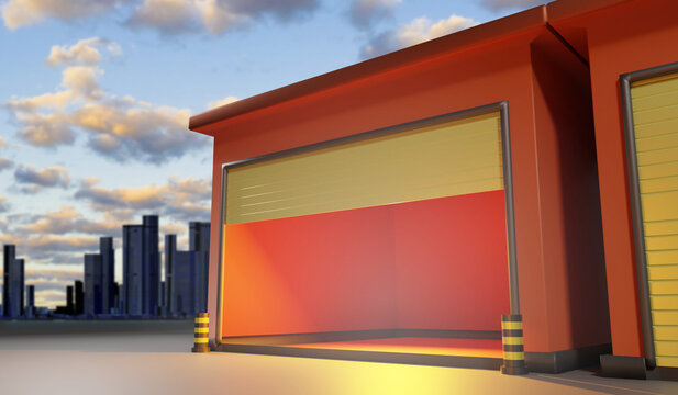 Storage room outside view. Empty garage for storing personal belongings. Small building for temporary warehouse. Storage room away from city. Warehouse container without anything. Art focus. 3d image.
