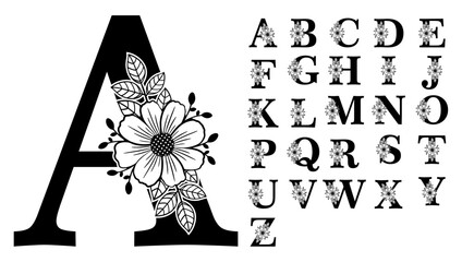 Floral Alphabet Monogram Letters Set A-Z, Floral Font Set A-Z Graphic Vector 